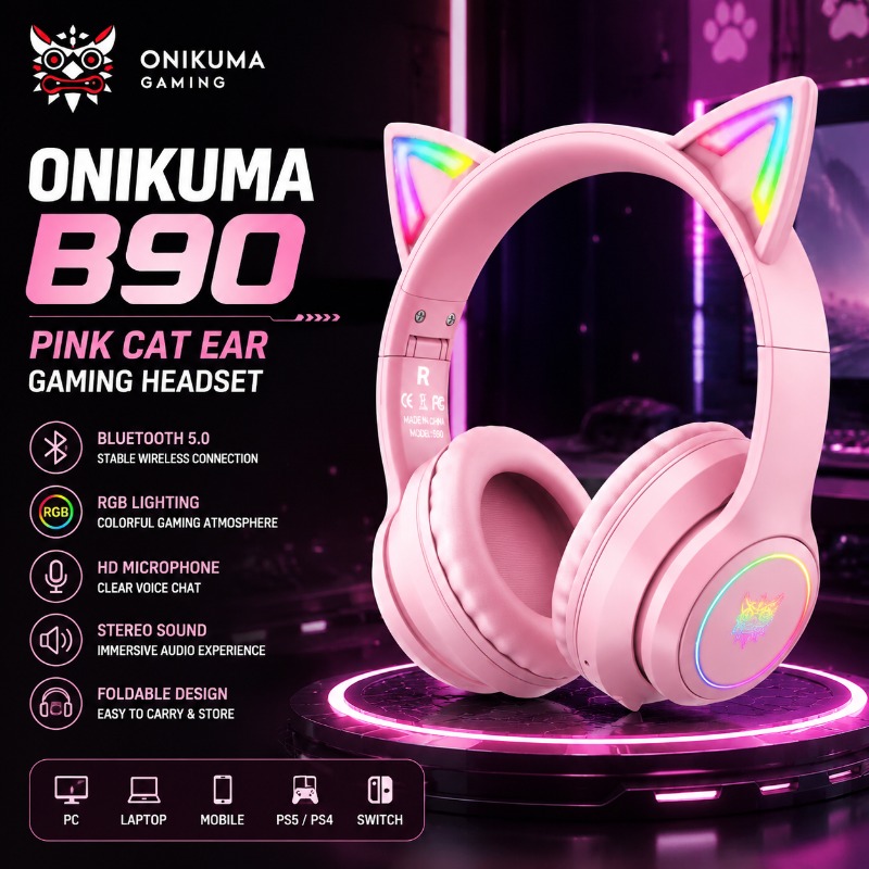Pc Gaming Apple - Onikuma B90 ピンク猫耳ゲーミングヘッドセット RGB Bluetooth 5.0