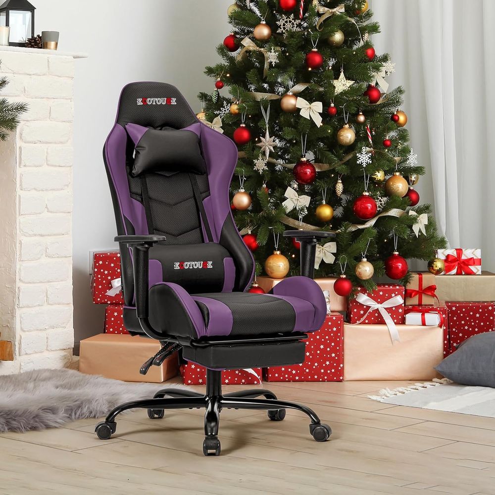Gaming Chair - レーシングスタイルのゲーミングチェア（フットレスト付き）、ハイバックデスクチェア、ランバーサポートと枕付きリクライニングチェア