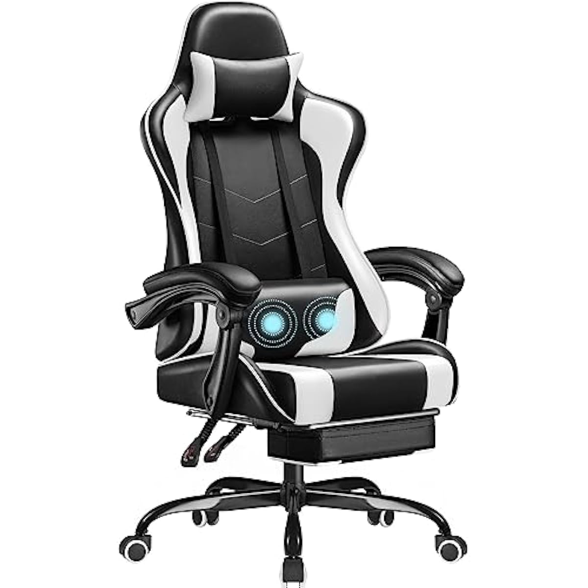 Gaming Chair - 高さ調節可能な回転シート、最大135度までリクライニング可能な背もたれ、一体型フットレスト、ランバーマッサージ枕付きゲーミングチェア E