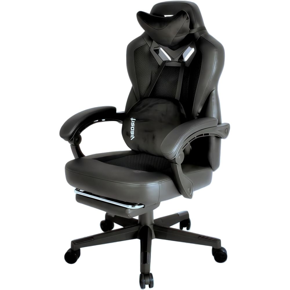 Gaming Chair - 人間工学に基づいたリクライニングオフィスチェア、フットレストとランバーサポート付き、重量のある大人向け、クッションメッシュゲーミングチェア（ブラック）