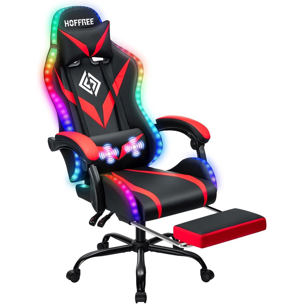Gaming Chair - 人間工学に基づいたハイバックゲーミングチェア（マッサージ機能、LEDライト、調節可能なランバーサポート付き）- レッドとブラック
